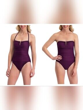 DKNY Adjustable Straps Ruched One-Piece Swimsuit Plum Purple EGGPLANT Purple